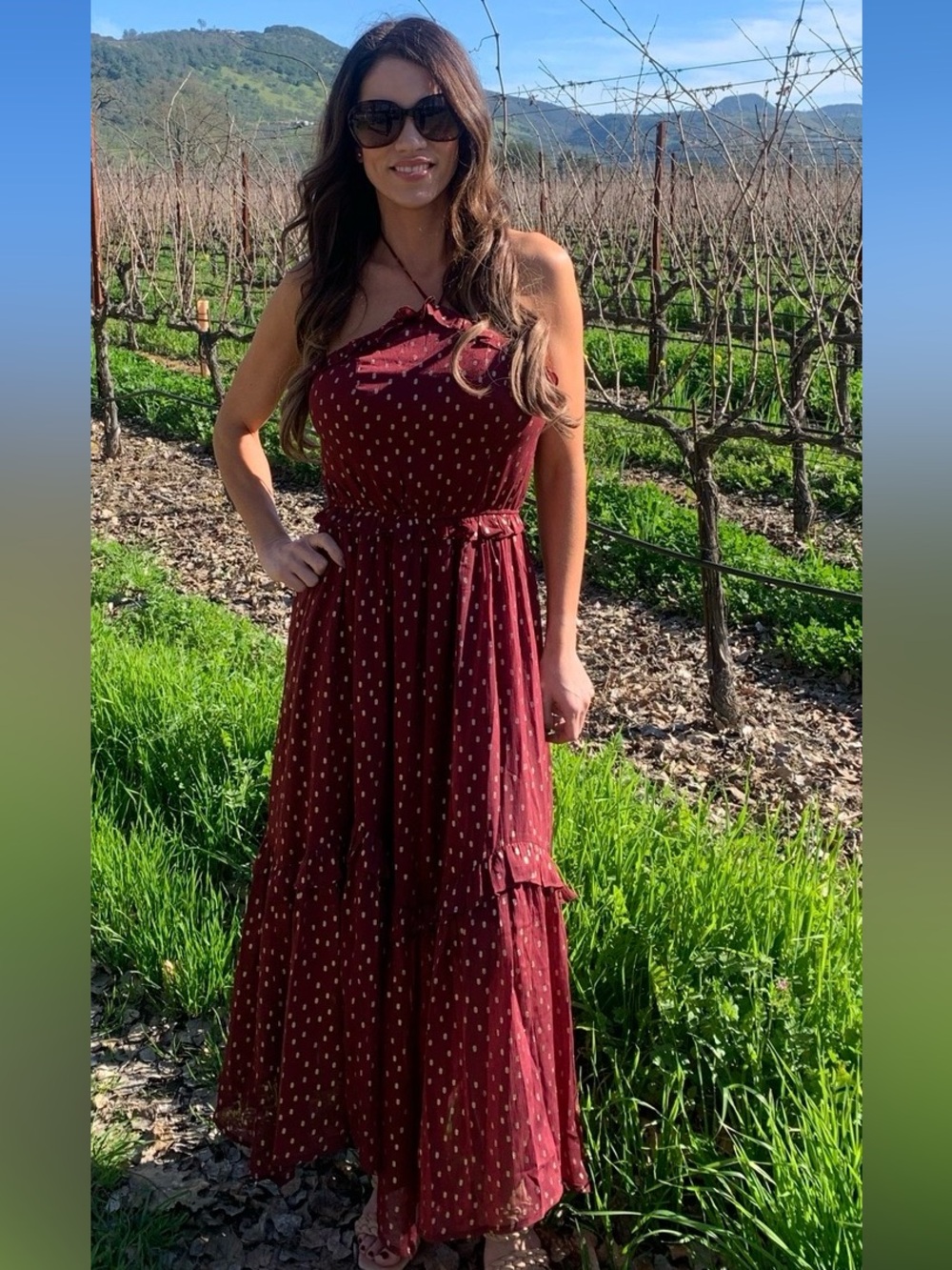 Vici One-Shoulder Burgundy Polka Dot Maxi Dress